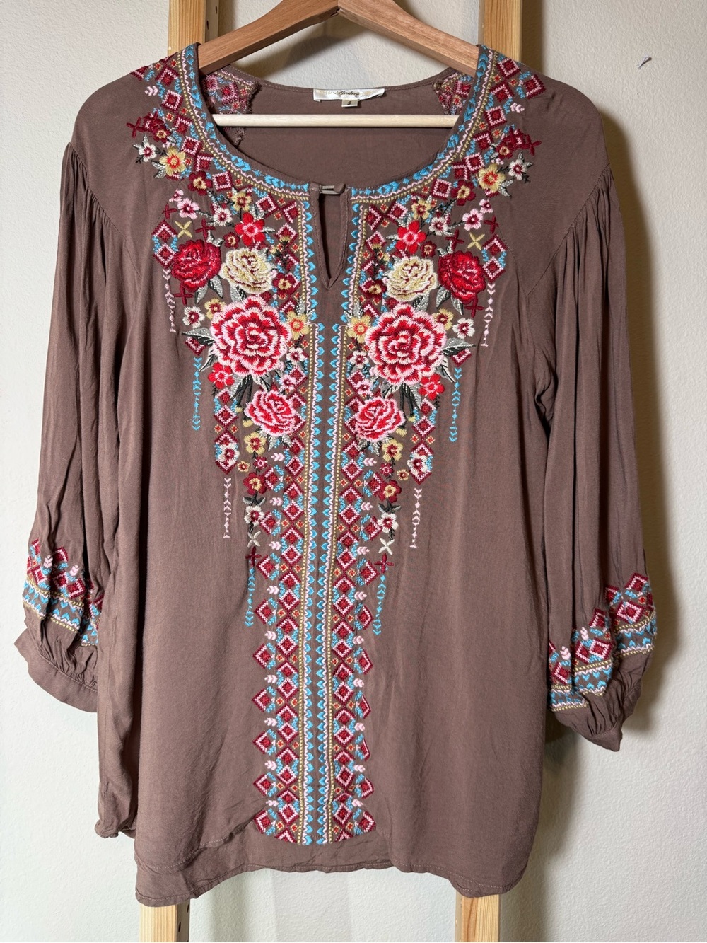 Andree by Unit bohemian peasant tunic blouse in a beautiful taupe